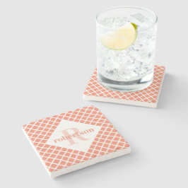 Coral und White Geometric Modern Mit Monogramm Steinuntersetzer