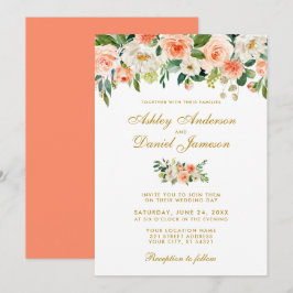 Coral Watercolor Floral Gold Wedding CB Einladung