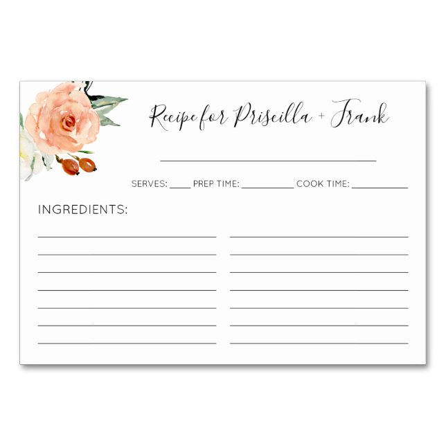 Coral Watercolor Peony Polterabend Rezept Karte (Vorderseite)