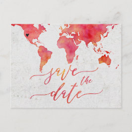 Coral Watercolor Weltkarte Hochzeit Rett der Daten Ankündigungspostkarte