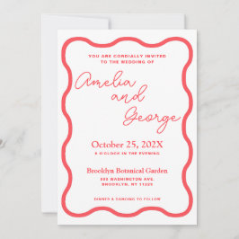 Coral Wavy Retro Foto Hochzeit Einladung