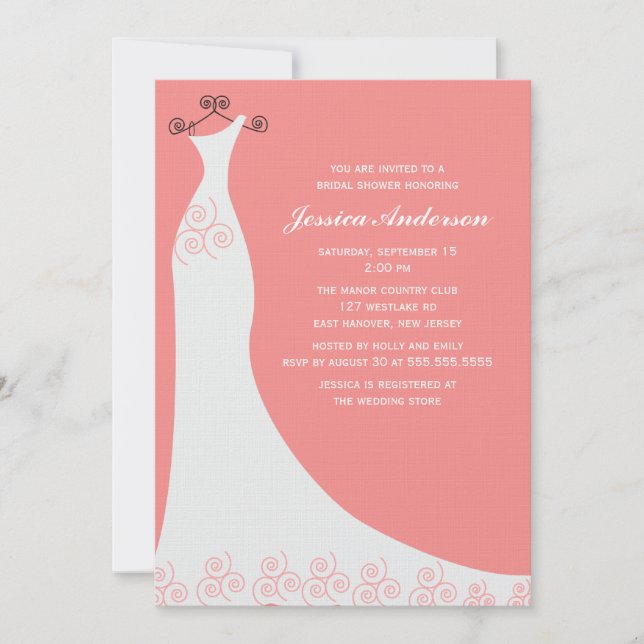 Coral Wedding Gown Brautparty Einladung (Vorderseite)