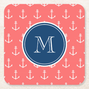Coral White Anchors Pattern, Navy Blue Monogram Rechteckiger Pappuntersetzer
