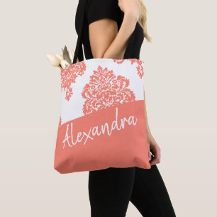 Coral White Damask Muster Modernes Personalisiert Tasche
