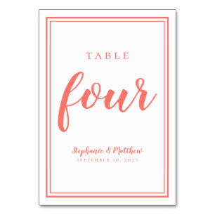 Coral & White Wedding Einfache Tischnummer Vier