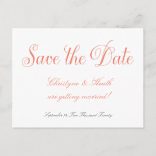 Coral & White Wedding Elegante Rett Datum Postkart Ankündigungspostkarte