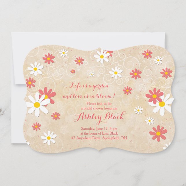 Coral White Yellow Daisy Bridal Dusche Einladung (Vorderseite)