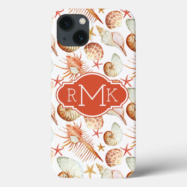 Coral With Shells & Crabs Pattern | Monogram Case-Mate iPhone Hülle (Rückseite)