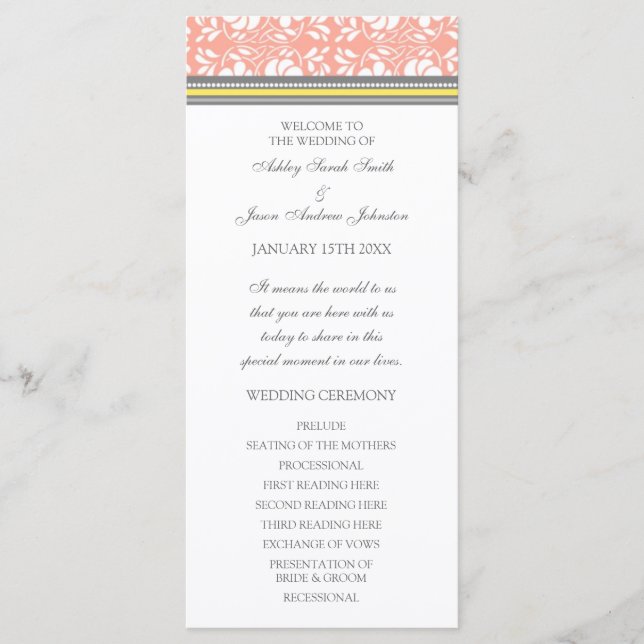 Coral Yellow Gray Damask Hochzeitsprogramm Programm (Vorderseite)