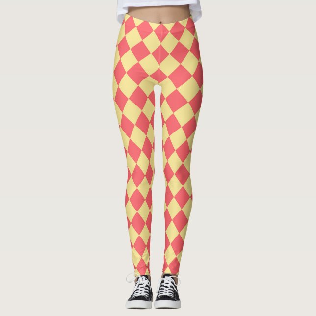 Coral Yellow Schachbrett Diamond Pattern Leggings (Vorderseite)