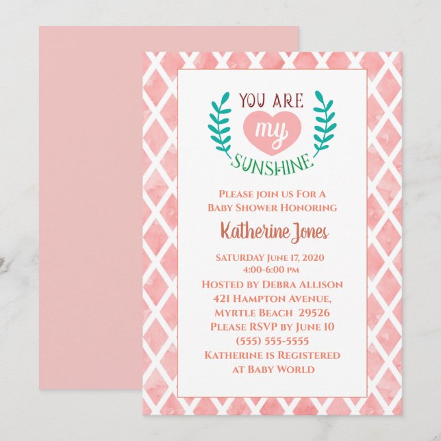Coral you are my Sunshine Baby Shower Einladung (Vorne/Hinten)