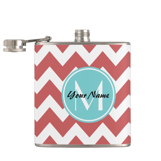 Coral Zickzack Aqua Monogram, Personalisiert Flachmann (Geöffnet)