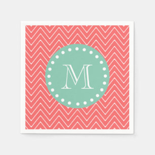 Coral Zickzack Pattern Minze grüne Monogramm Serviette