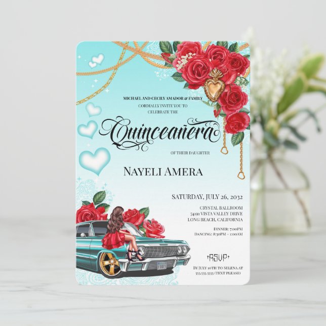 Corazón de Milagros Lowrider Chola Chicana Quince Einladung (Stehend Vorderseite)