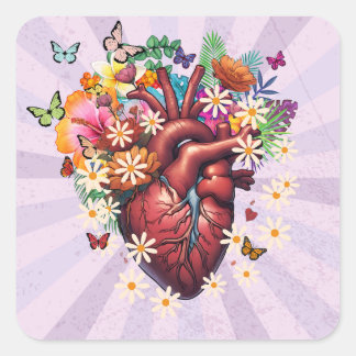 Corazon vintage entre flores e mariposas. quadratischer aufkleber
