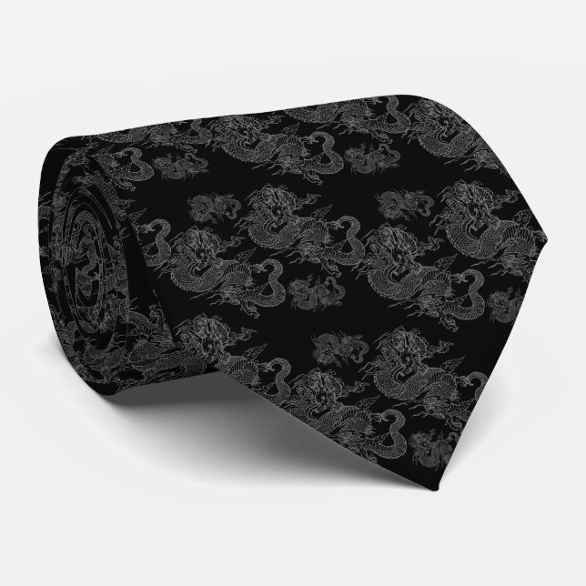 Corbata lujosa negra con dragón krawatte (Gerollt)