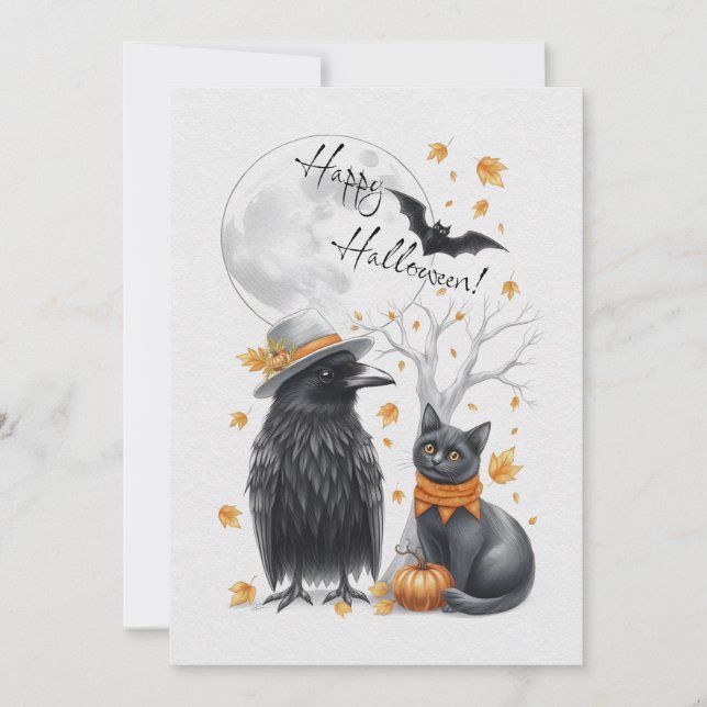 Corbeau & Chat Carte de Halloween Carte de vœux (Devant)
