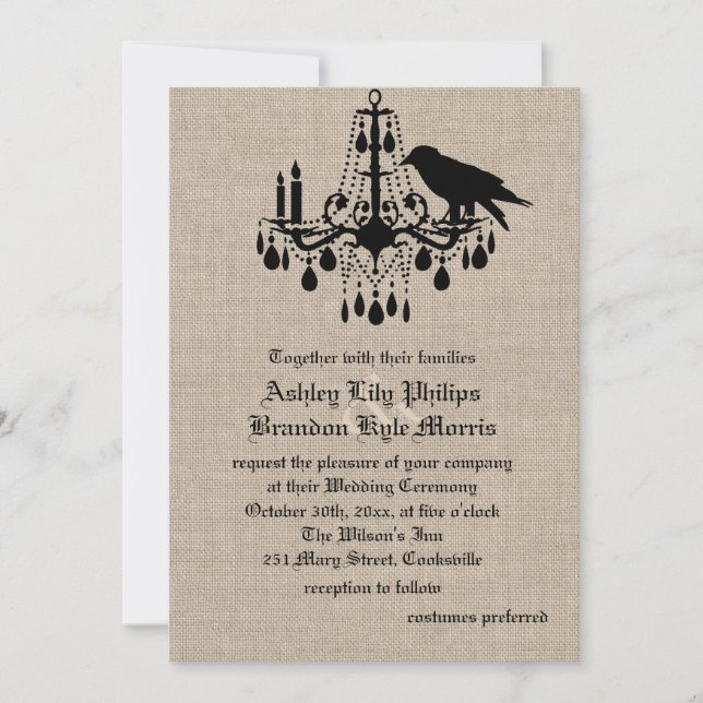 Corbeau et Damas sur Burlap Faire-part de mariage (Devant)