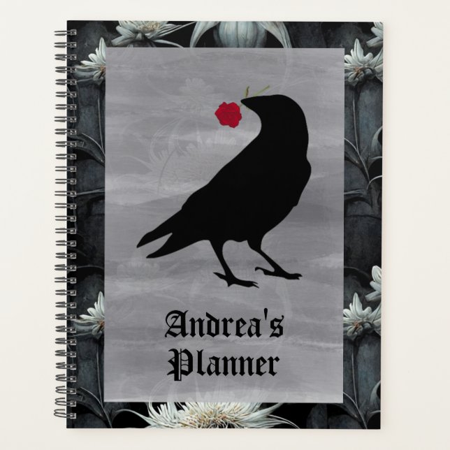 Corbeau gothique tenant rose rouge planner personn (Devant)