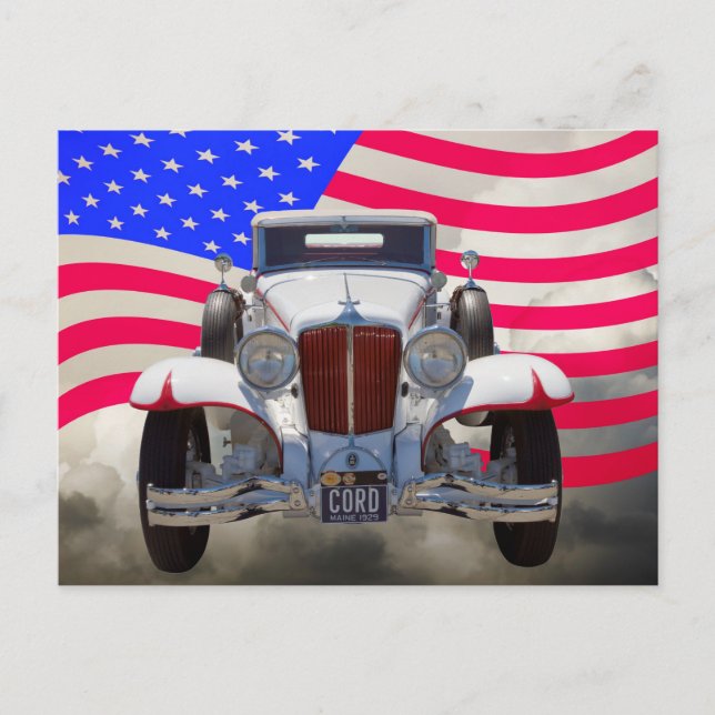 Cord 6-29 Cabriolet 1929 und amerikanische Flagge Postkarte (Vorderseite)