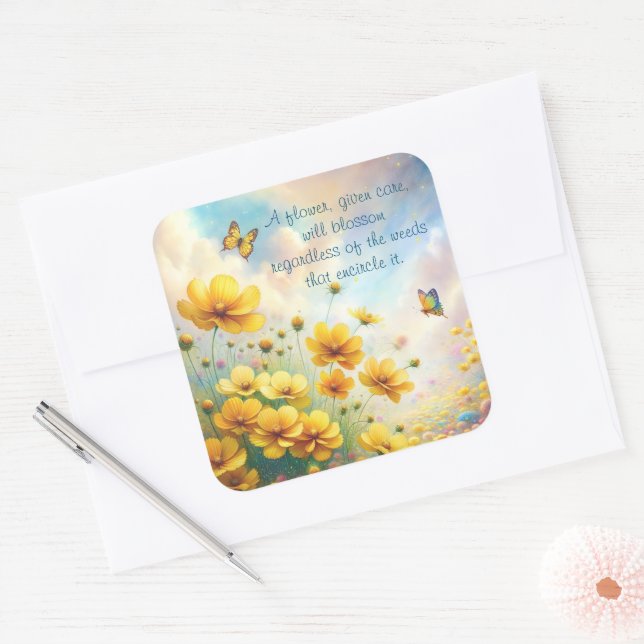 Coreopsis & Quote Quadratischer Aufkleber (Umschlag)