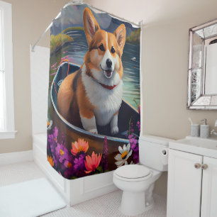 Corgi auf einem Paddle: Ein Landschaftliches Abent Duschvorhang