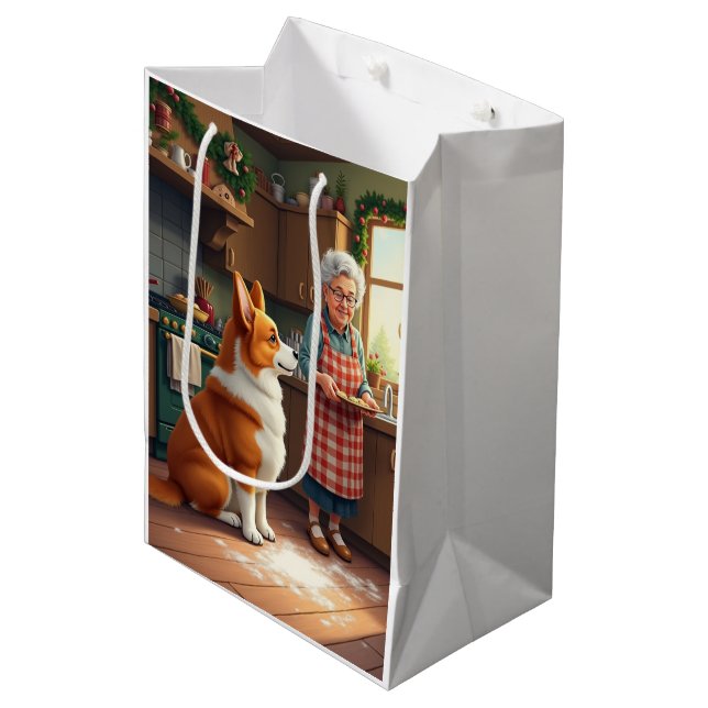 Corgi Backen mit Oma Weihnachtsmalerei Mittlere Geschenktüte (Vorderseite Schrägansicht)