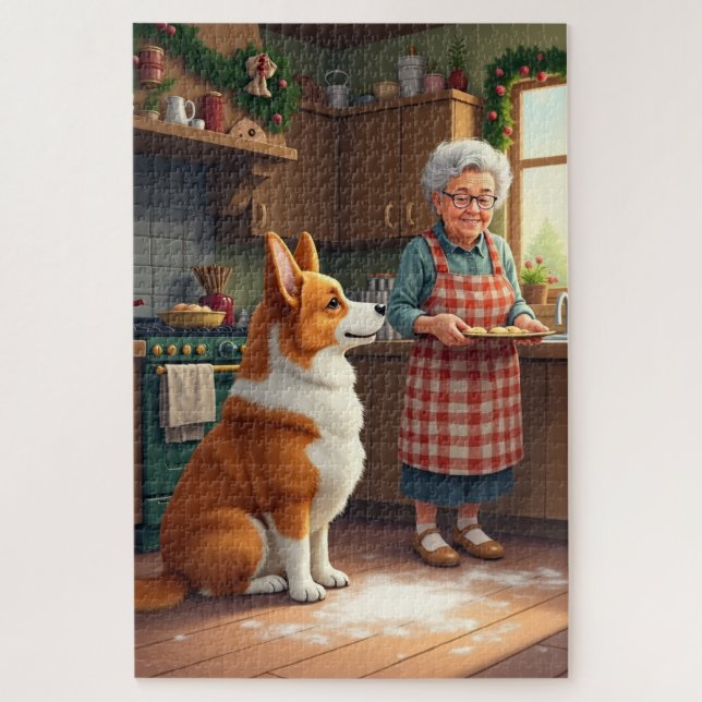 Corgi Baking with Grandma Christmas Painting (Vertikal)