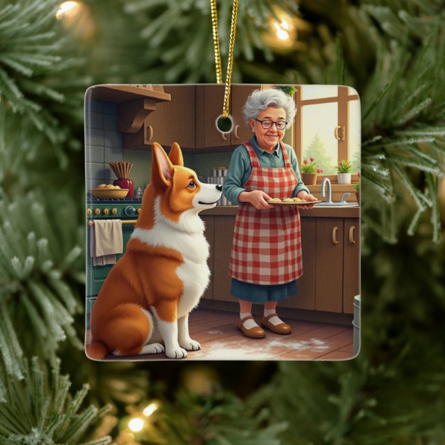 Corgi Baking with Grandma Christmas Painting Keramikornament (Baum)