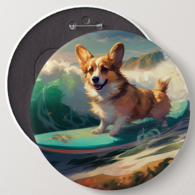 Corgi Beach Surfmalerei Button (Vorne & Hinten)