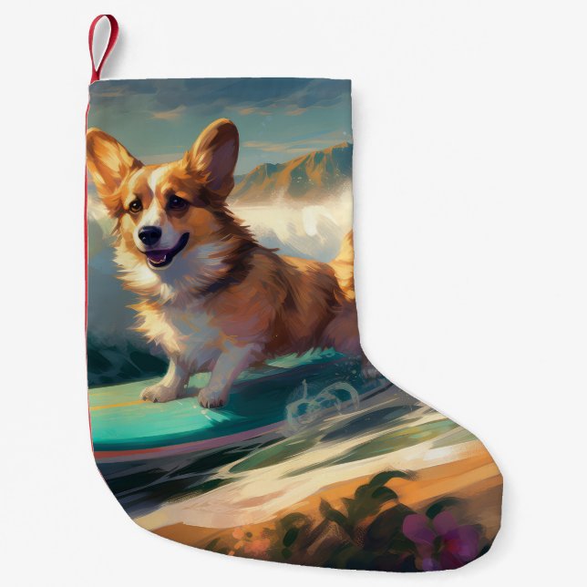 Corgi Beach Surfmalerei Kleiner Weihnachtsstrumpf (Vorderseite)