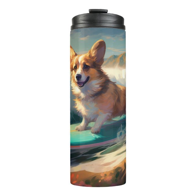 Corgi Beach Surfmalerei Thermosbecher (Vorderseite)