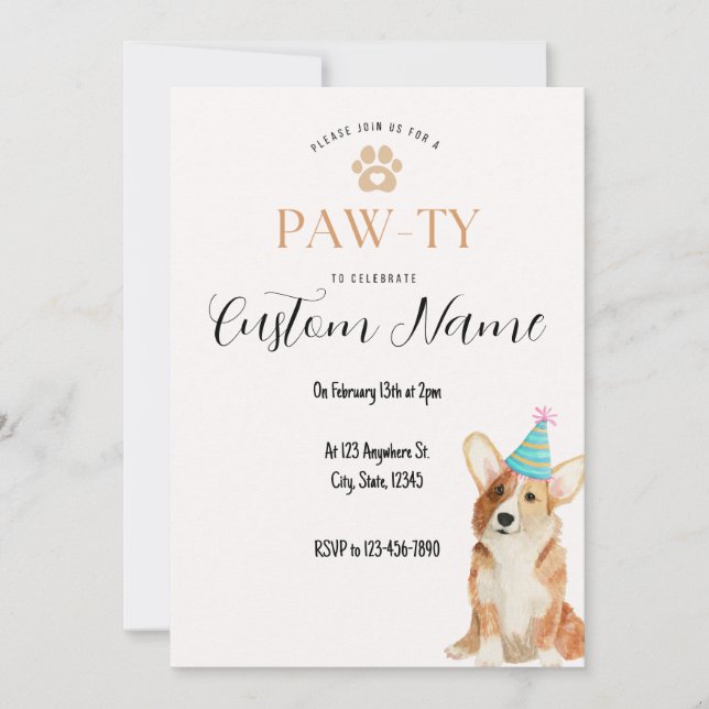 Corgi Birthday Paw-ty Einladung (Vorderseite)