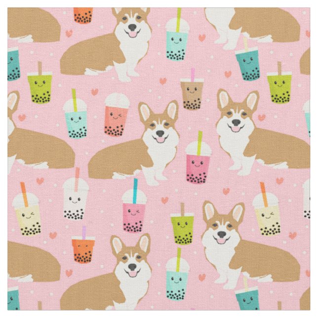 Corgi boba Tee Pink Kawaii Stoff (Nahaufnahme)