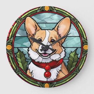 Corgi-Buntglas-Weihnachten Große Wanduhr