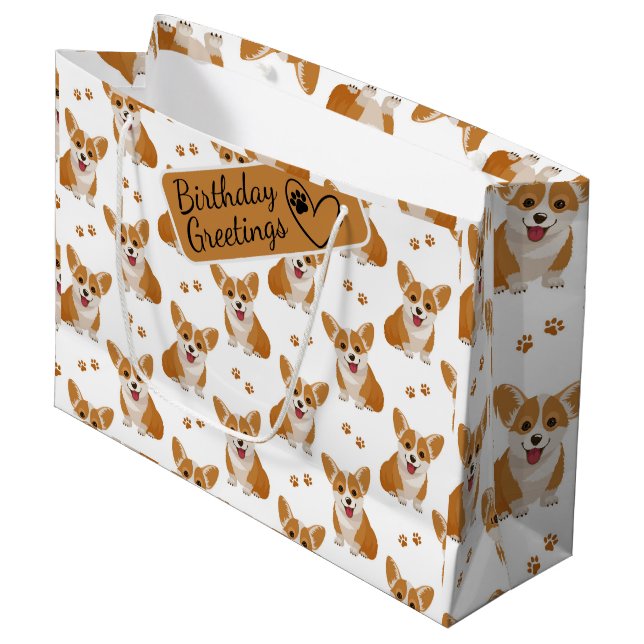 Corgi Cartoon Muster mit benutzerdefiniertem Gruß Große Geschenktüte (Vorderseite Schrägansicht)
