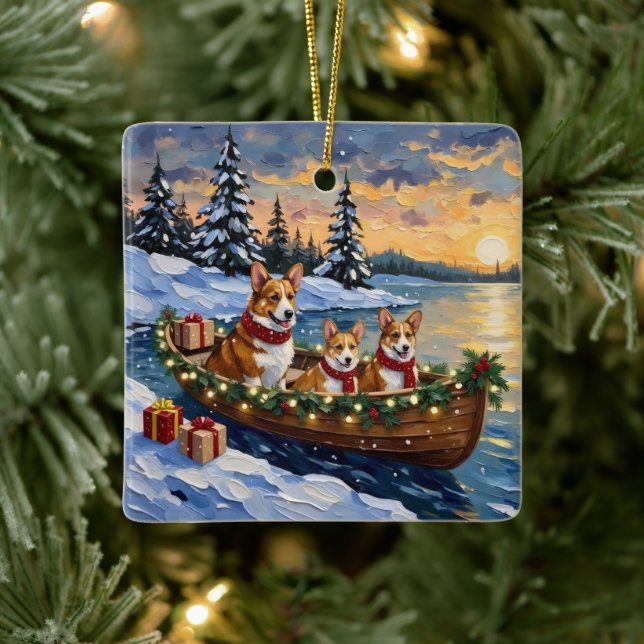 Corgi Christmas Boat Holiday Keramikornament (Baum)