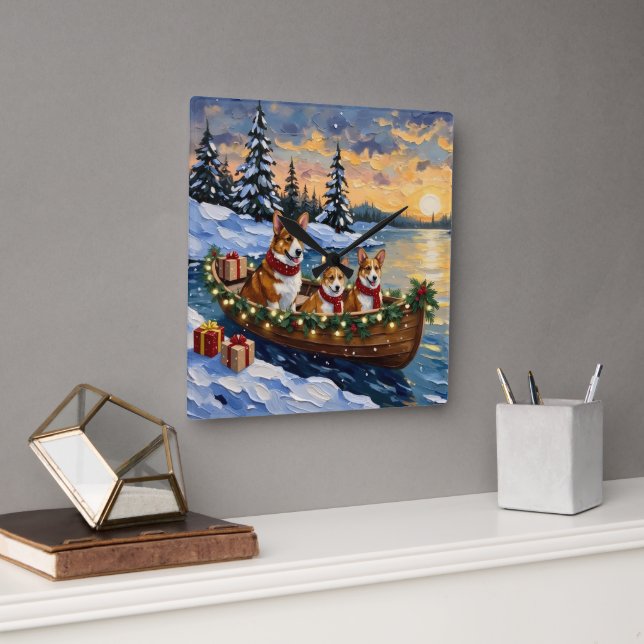Corgi Christmas Boat Holiday Quadratische Wanduhr (Büro)