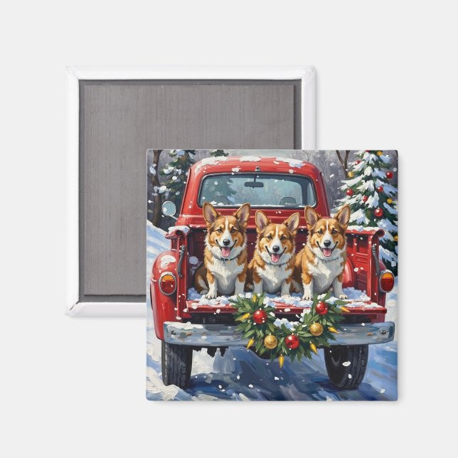 Corgi Christmas Red Truck Holiday Magnet (Vorderseite/Rückseite)