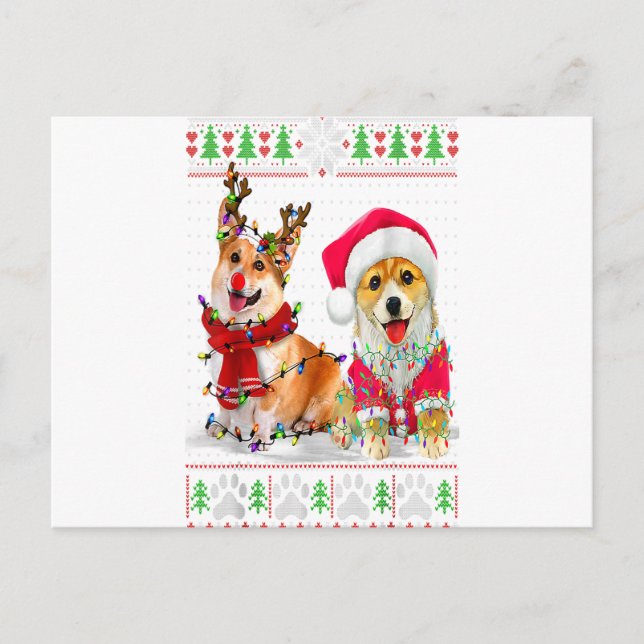 Corgi Christmas Tree Lights Santa Hat Pajama Ugly Postkarte (Vorderseite)