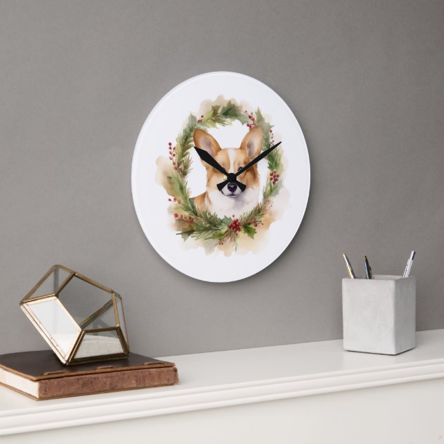Corgi Christmas Wreath Festivals Große Wanduhr (Büro)