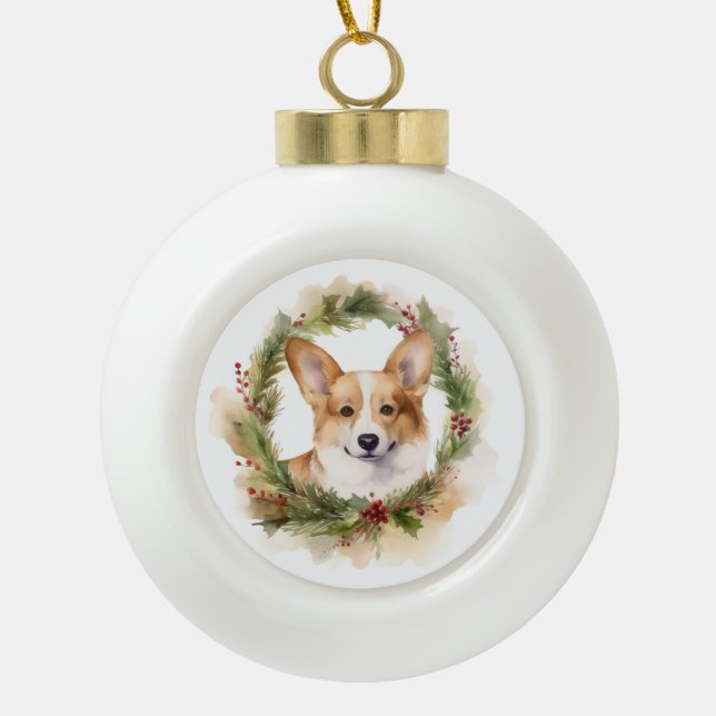 Corgi Christmas Wreath Festivals Keramik Kugel-Ornament (Vorderseite)