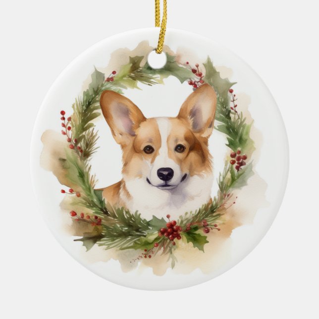 Corgi Christmas Wreath Festivals Keramik Ornament (Vorne)