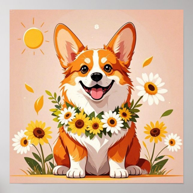 Corgi couronne de tournesols décoration murale (Devant)