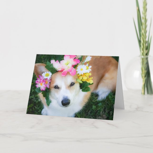 Corgi dans Flower Garland carte de voeux (Devant)
