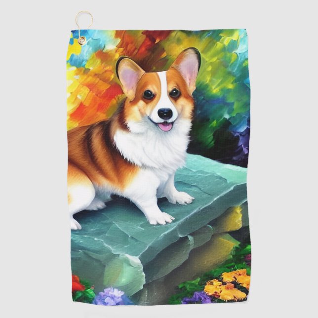 Corgi dans la serviette de golf du jardin (Devant)