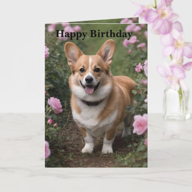 Corgi Dans Les Roses Rose, Carte Anniversaire (Orchidée)