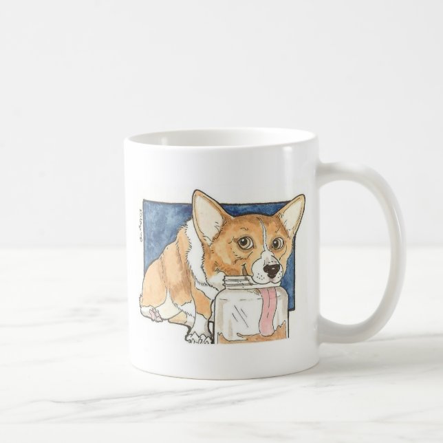 Corgi, der das Erdnussbutter-Glas leckt Kaffeetasse (Rechts)
