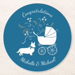 Corgi Dog Baby Shower Welsh Blue Boy Runder Pappuntersetzer