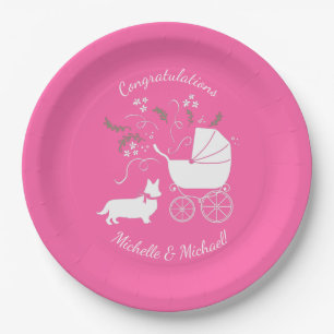 Corgi Dog Babydusche Welpe Gray Welsh Pink Girl Pappteller